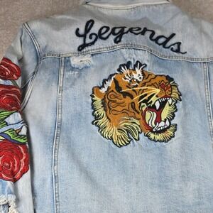 Denim House Trucker Jacket Mens 2XL Blue Embroidered Tiger Rose Sherpa Lined NEW